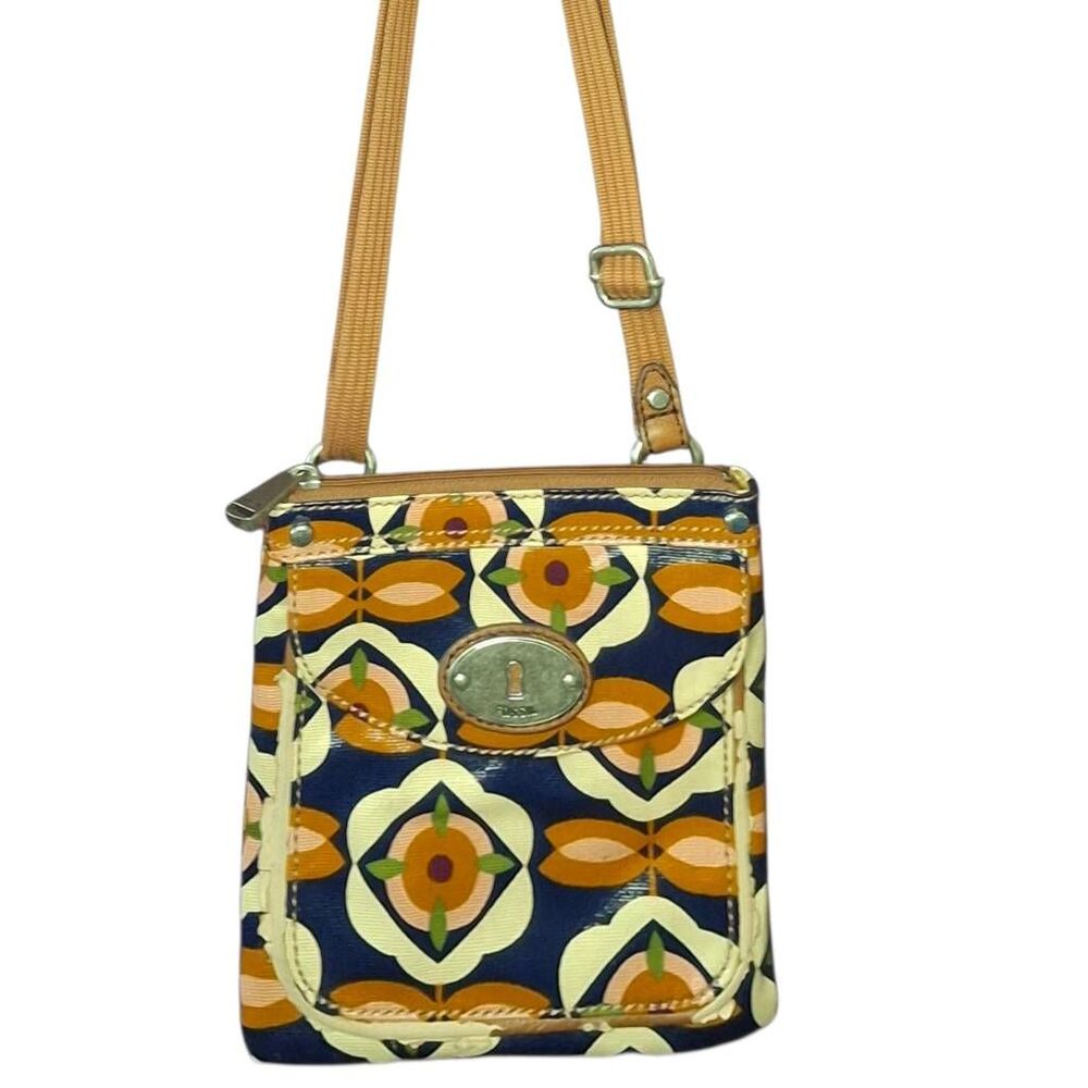 Fossil Key-Per Crossbody Bag – Retro Floral Coated Canvas, Small, Blue/Orange
